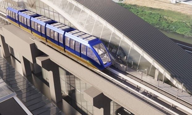 3D rendering of the Newark AirTrain at a station.